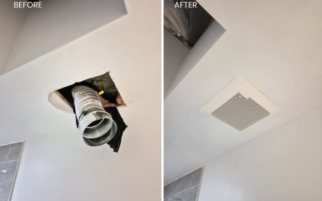 Before and after exhaust fan replacement by IQHome, including drywall repair and painting – GTA handyman services