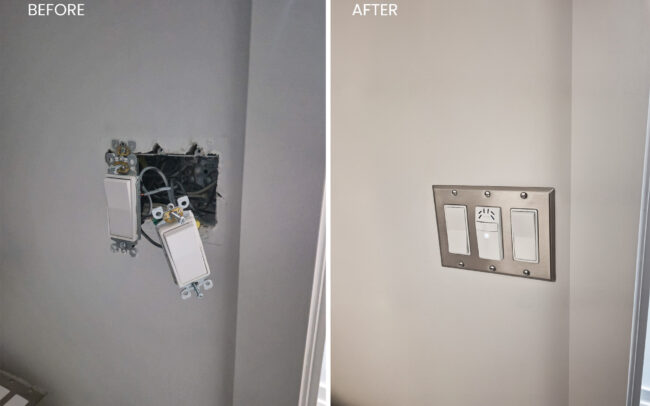 Before and after power outlet and humidity sensor installation by IQhome handyman in a GTA home