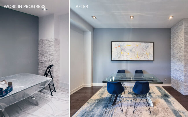 Before and after home renovation showing stone installation and interior painting by IQ Home in Toronto