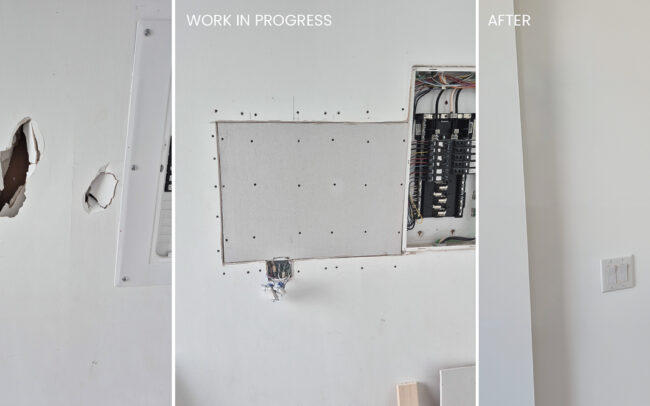 Drywall hole repair before and after in Toronto home by IQhome handyman