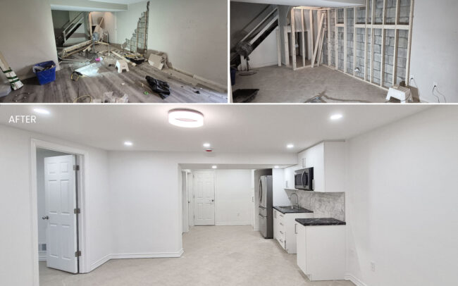 Before and after comparison of a raw basement under-stairs area framed and transformed into a modern white kitchenette with a stainless steel refrigerator, microwave, and marble-look tile backsplash in Toronto