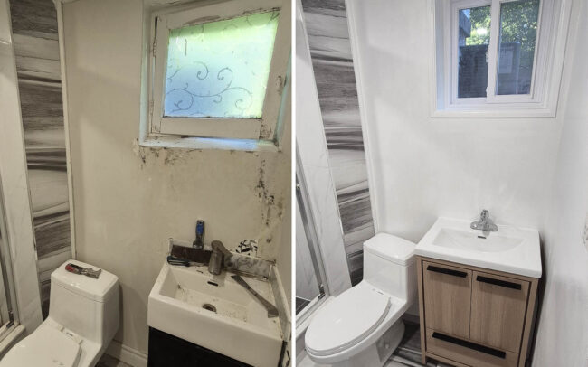 Before and after modern bathroom renovation featuring a new vanity, glass shower enclosure, toilet, and window installation in Toronto.
