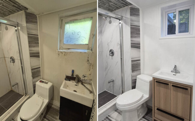 Before and after modern bathroom renovation featuring a new vanity, glass shower enclosure, toilet, and window installation in Toronto.