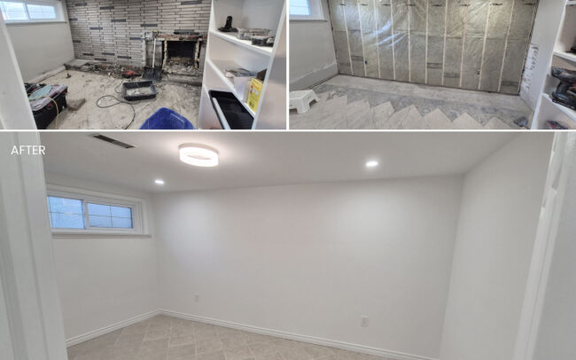 Before, during, and after progression of a basement renovation featuring an old stone fireplace removal, updated wall insulation, new smooth drywall, and repaired ceramic floor tiling in Toronto.