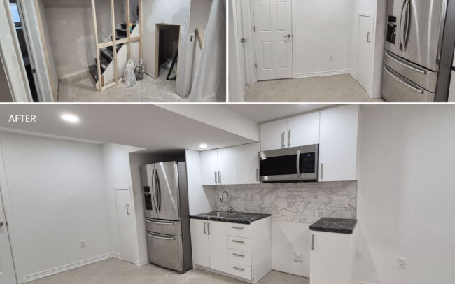 Before and after basement apartment renovation featuring custom kitchen cabinet installation, marble tile backsplash, and stainless steel appliances in Toronto by IQ Home.