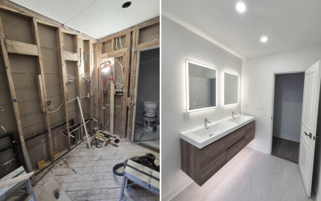 Before and after comparison of a down-to-the-studs gut bathroom renovation transformed into a modern bathroom with grey floor tiles, a built-in bathtub, and a long floating double vanity in Toronto.