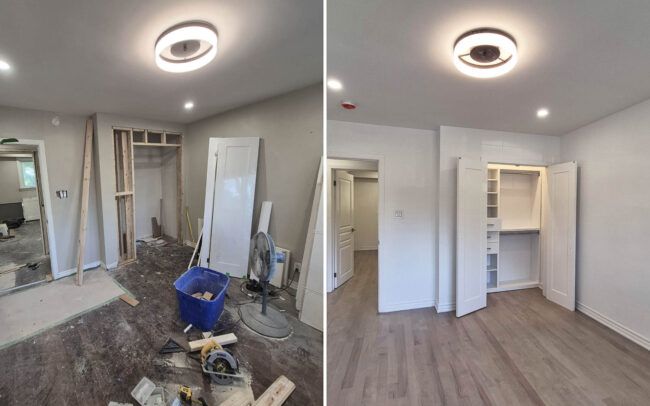 Before and after bedroom renovation featuring custom closet organizer installation, wall framing adjustments, and new bifold doors in Toronto by IQ Home.