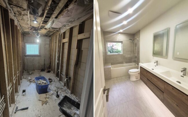Before and after comparison of a down-to-the-studs gut bathroom renovation transformed into a modern bathroom with grey floor tiles, a built-in bathtub, and a long floating double vanity in Toronto.