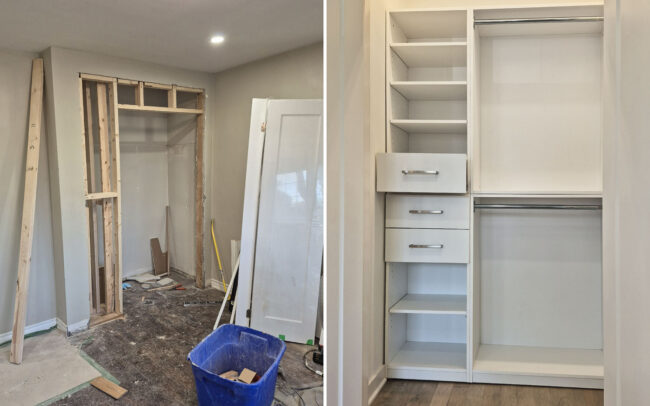 Before and after comparison of a bedroom closet framed from open wood studs into a finished walk-in storage space with custom white shelving, built-in drawers, and hanging rods in Toronto.