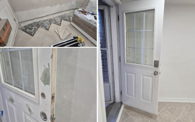 Before and after comparison of an entryway renovation featuring a new ceramic floor tile installation, freshly painted white entrance door with an upgraded electronic smart lock, and smooth drywalled walls in Toronto.