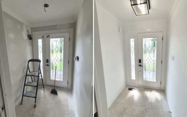 Before and after comparison of a home entryway featuring professional drywall wall repair, freshly painted white interior doors, restored floor tile grouting, and a newly installed modern ceiling light in Toronto