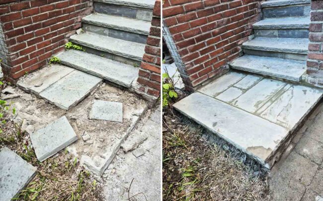 Before and after comparison of broken stone steps, leveling loose flagstone landing pavers, and concrete masonry walkway repair in Toronto by IQ Home.