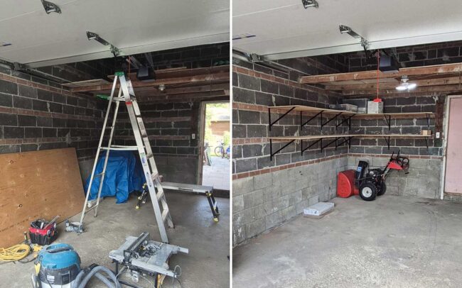 Before and after comparison of a concrete block garage cleared of construction clutter and organized with custom open wall shelving in Toronto.