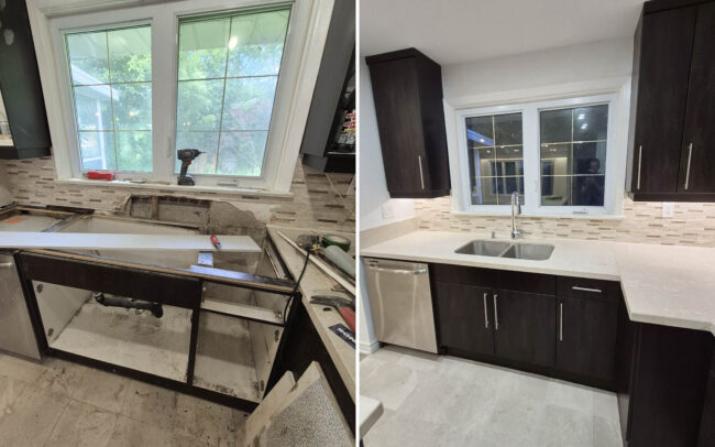 Before and after comparison of a kitchen refresh featuring a repaired quartz countertop, stone tile backsplash, a newly installed undermount double sink with modern plumbing, and updated dark wood kitchen cabinet doors in Toronto.