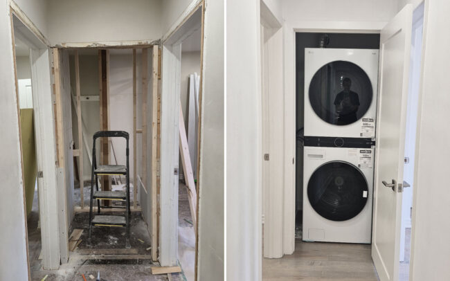 • Before and after comparison of a hallway closet framed from open wood studs into a finished laundry closet featuring an LG stacked washer and dryer in a Toronto home.