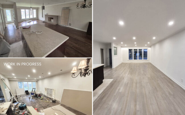 Before, during, and after progression of an open-concept living room renovation featuring a brick fireplace removal, recessed LED pot light installation, and sanded and stained hardwood floors in Toronto.