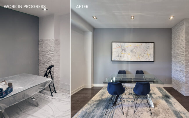 Work in progress and after transformation of a dining room renovation featuring a grey accent wall, white ledger stone pillars, and pot lighting in Toronto by IQ Home.