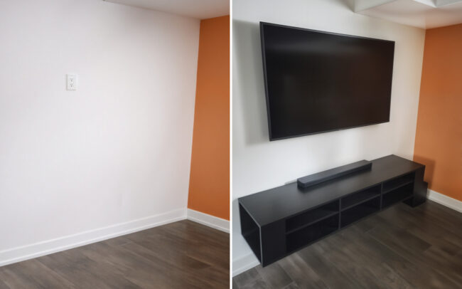 Before and after comparison of a living room media wall featuring a large flat-screen television mounted securely with a matching black floating console table below in Toronto.