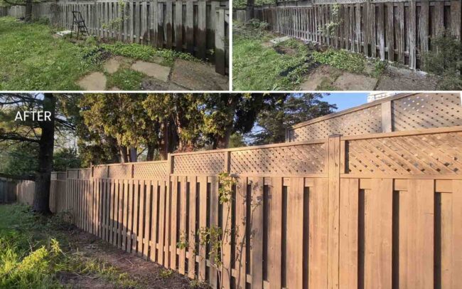 Before, during, and after progression of a weathered wooden backyard privacy fence being power washed and freshly stained with a lattice top in Toronto.